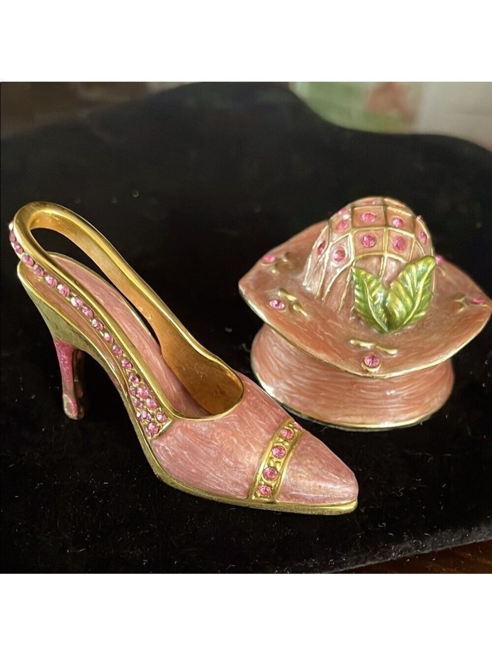 LT signed Vintage Heel and Hat trinket box Pink Crystal and Gold plating
